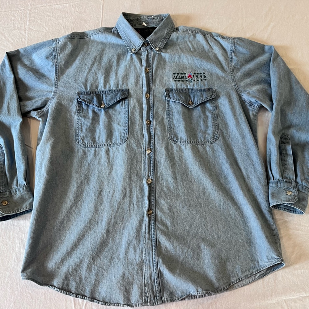 Vintage 1996 Olympic Games Atlanta Denim Button Down Shirt Size Large USA